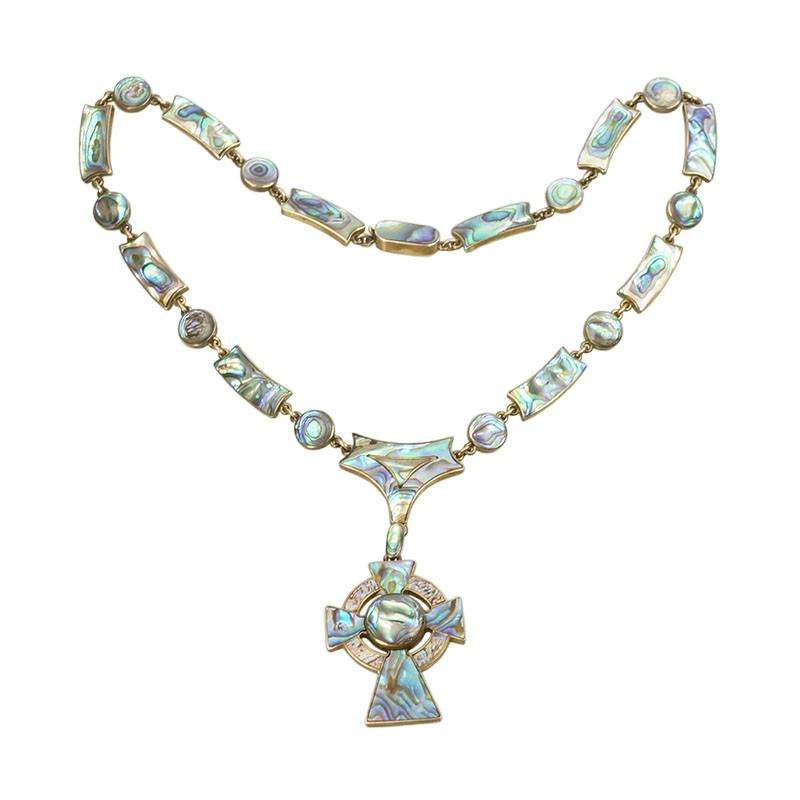Victorian Celtic Cross Necklace in Gold with Abalone