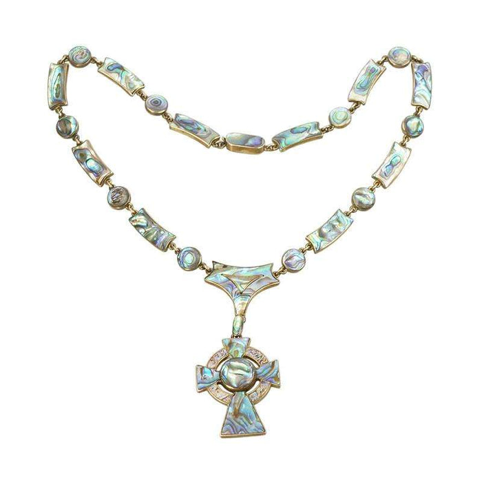 Victorian Celtic Cross Necklace in Gold with Abalone