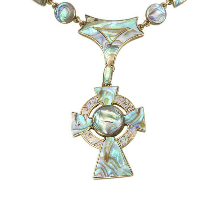 Victorian Celtic Cross Necklace in Gold with Abalone