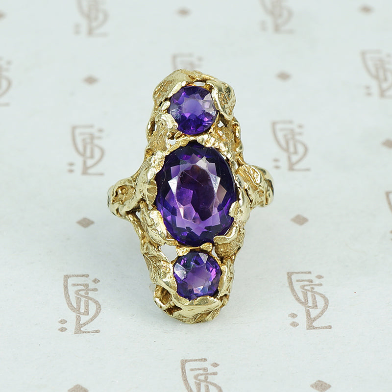 walton and co 3 amethyst ring 14k green gold and leaves arts and crafts era
