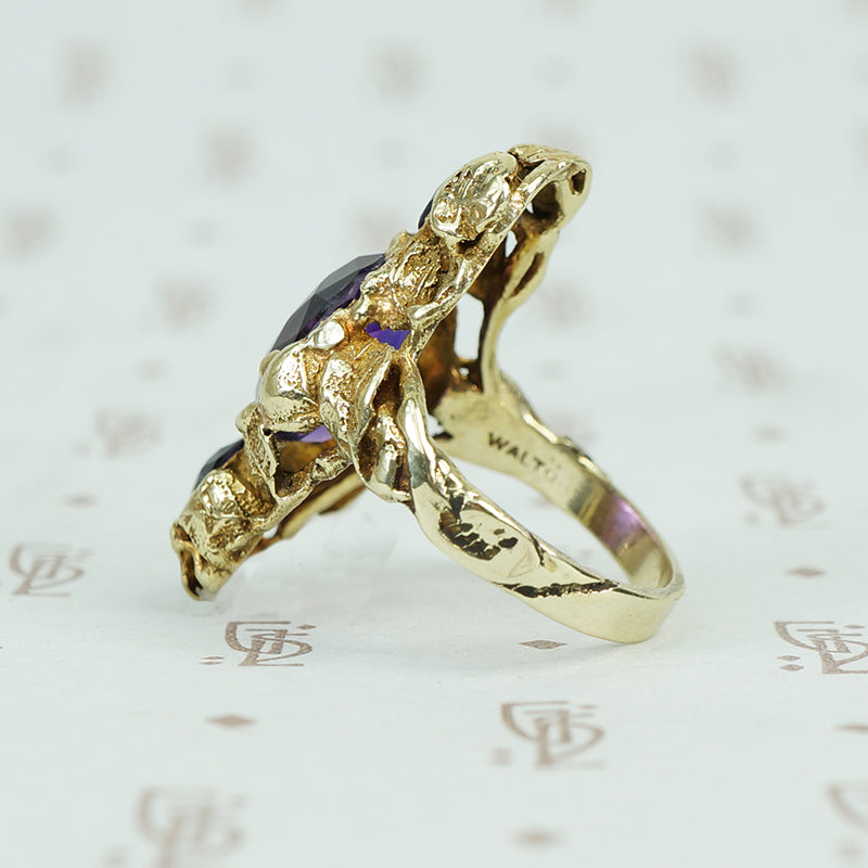 walton and co 3 amethyst ring 14k green gold and leaves arts and crafts era side view