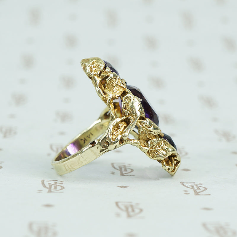 walton and co 3 amethyst ring 14k green gold and leaves arts and crafts era