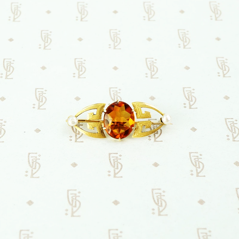 buff top citrine arts and crafts gold brooch with pearls