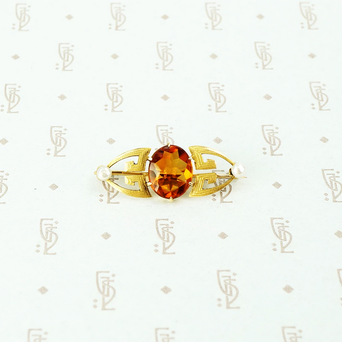 buff top citrine arts and crafts gold brooch with pearls