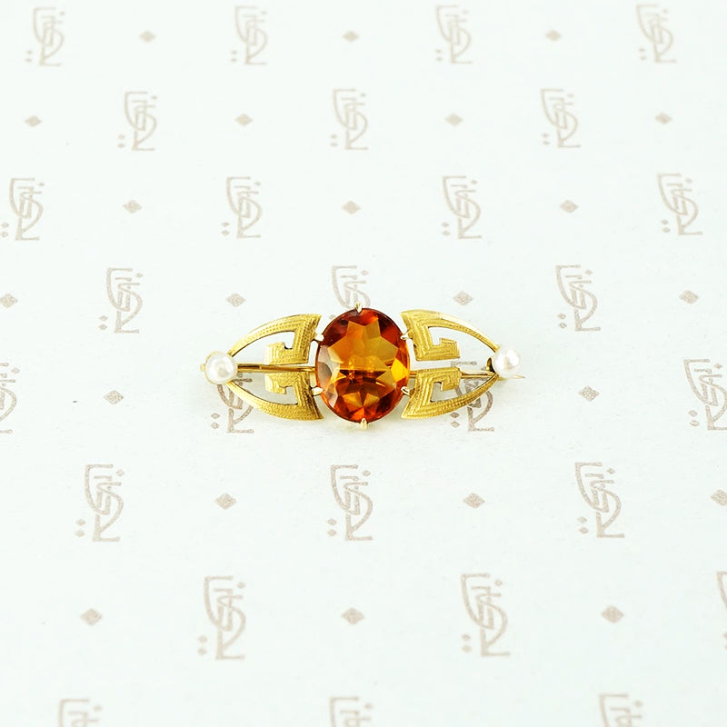 buff top citrine arts and crafts gold brooch with pearls