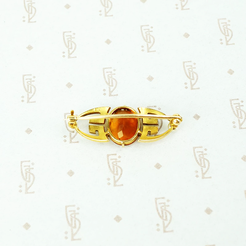 buff top citrine arts and crafts gold brooch with pearls back view