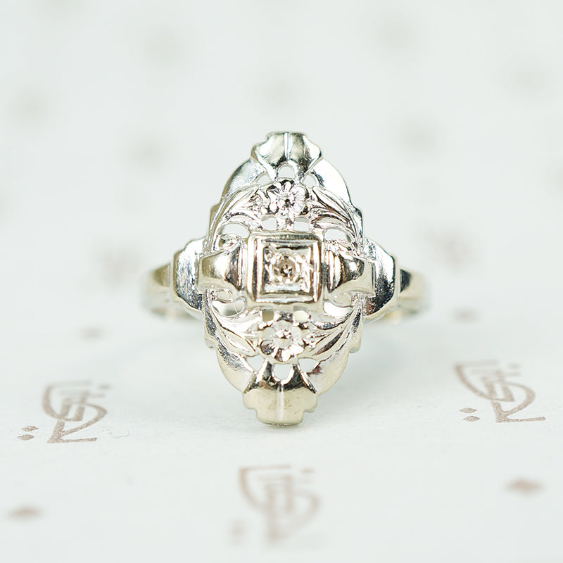 1930's White Gold Filigree and Flower Ring