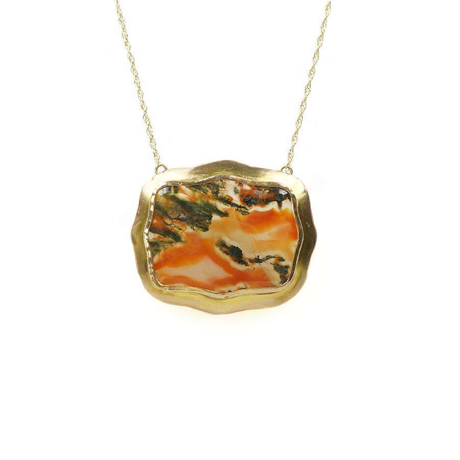 Antique Shield Shaped Agate Necklace in 18k Yellow Gold Oranges and Greens