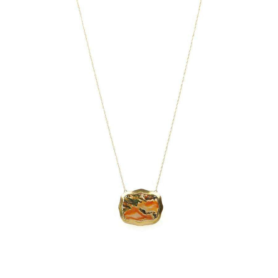 Antique Shield Shaped Agate Necklace in 18k Yellow Gold Oranges and Greens