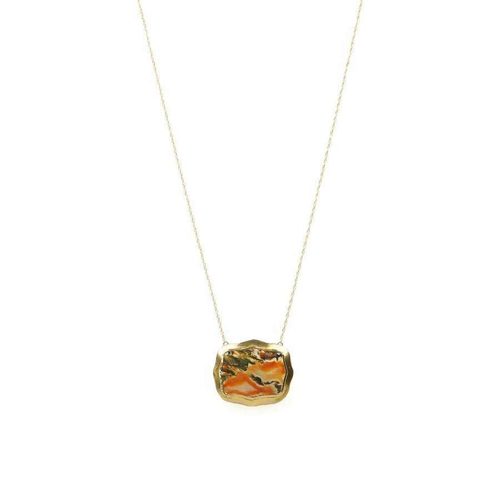 Antique Shield Shaped Agate Necklace in 18k Yellow Gold Oranges and Greens