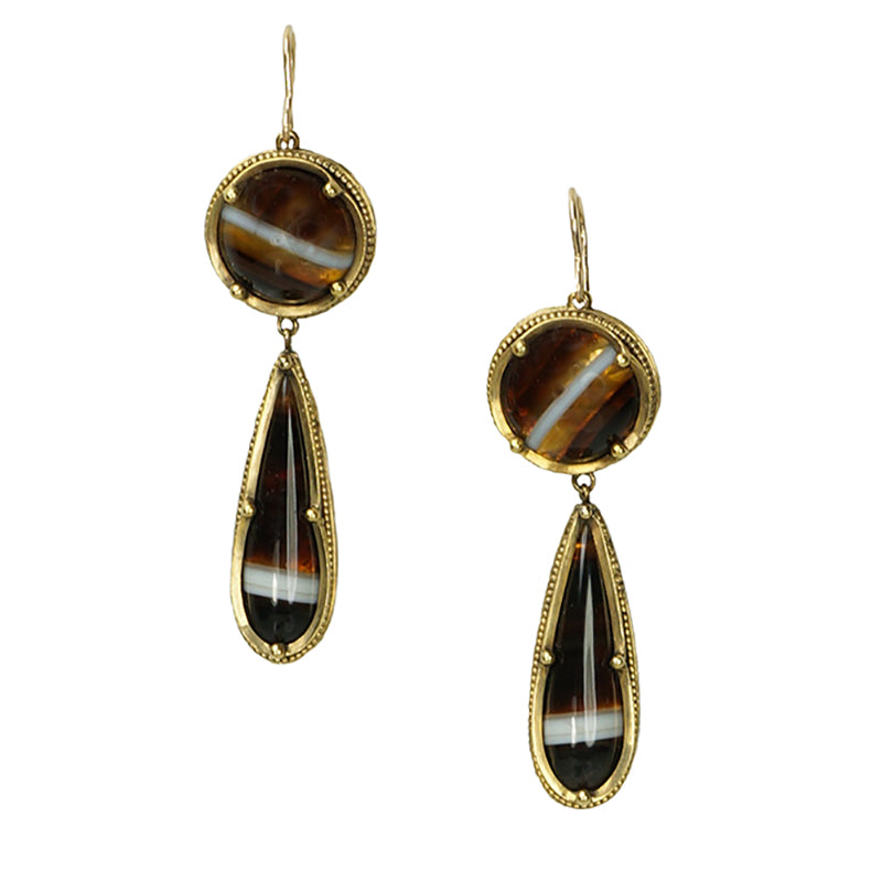 Impressive 18k Antique Banded Agate Earrings