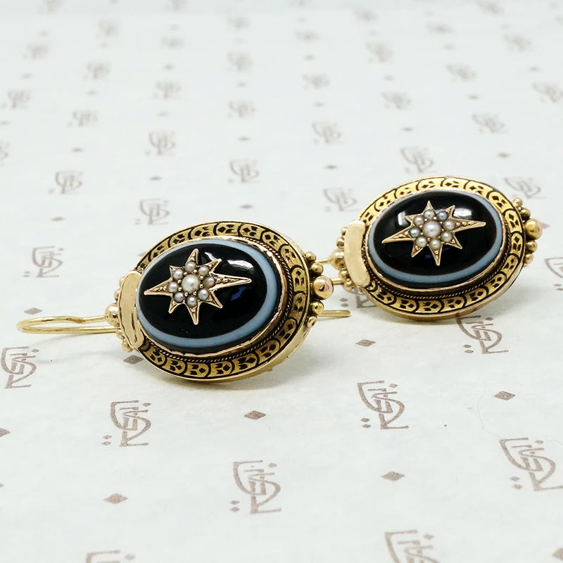 Elegant Banded Agate Star Set 18k Earrings