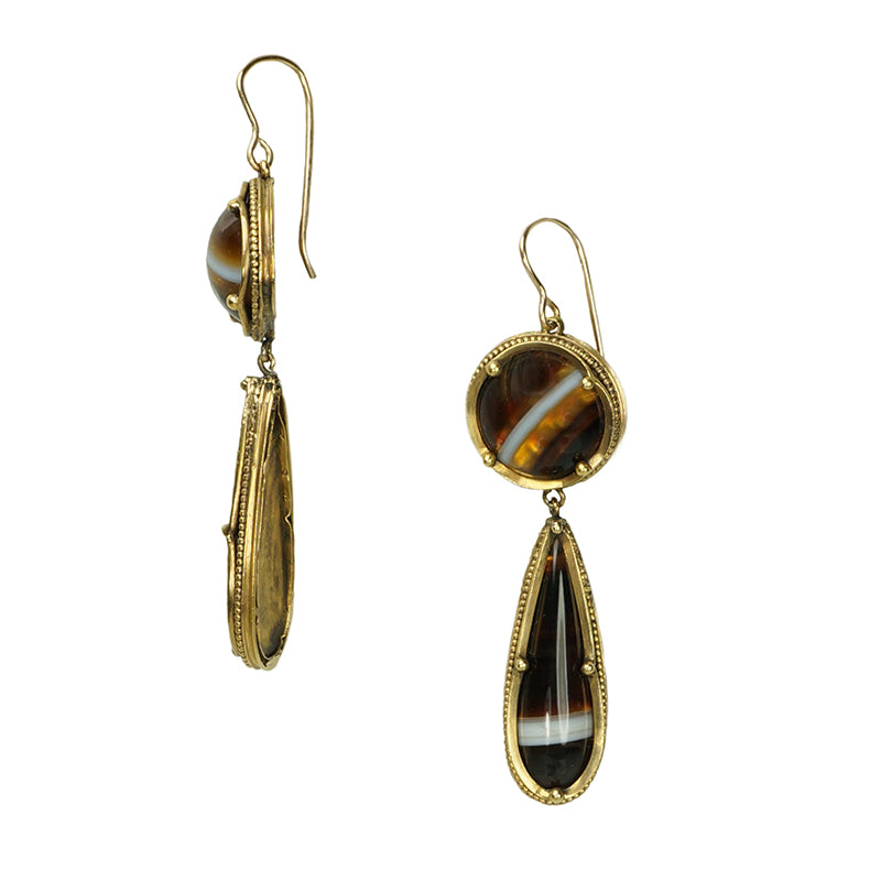 Impressive 18k Antique Banded Agate Earrings