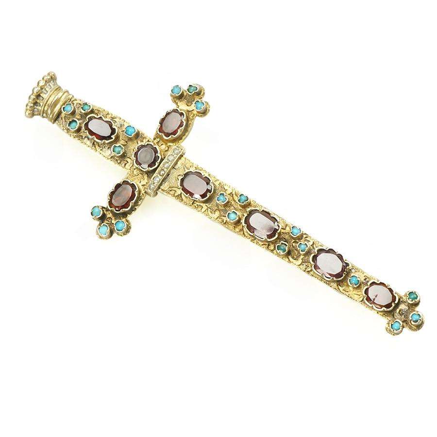 Gilt Sword Brooch Garnet & Turquoise encrusted c1900