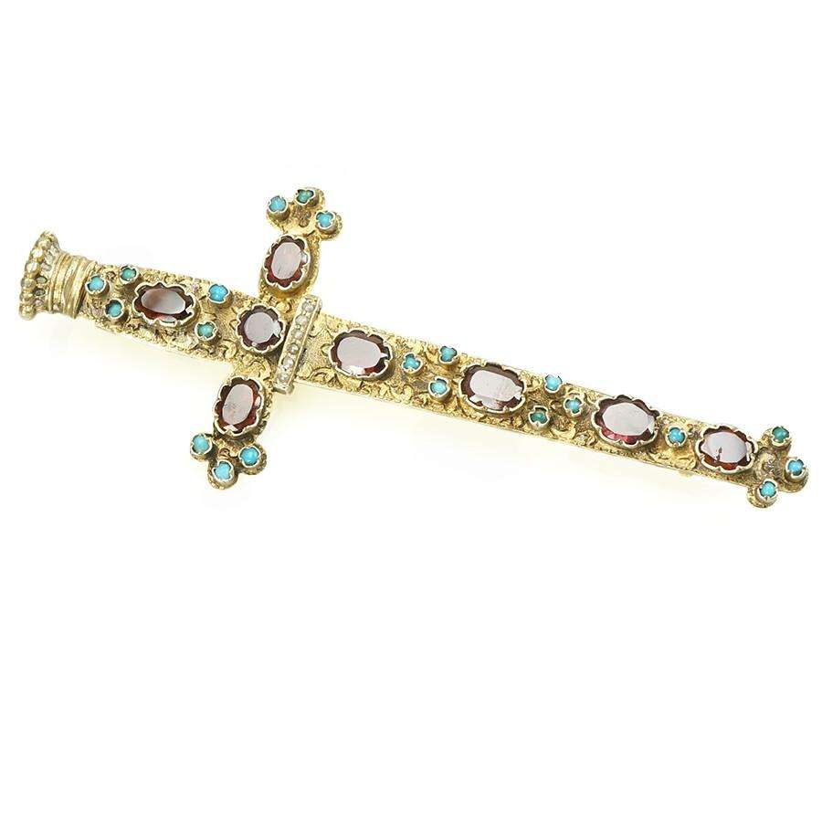 Gilt Sword Brooch Garnet & Turquoise encrusted c1900