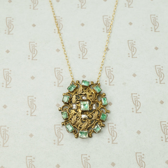 19th c Emerald and Pearl Silver Gilt Necklace