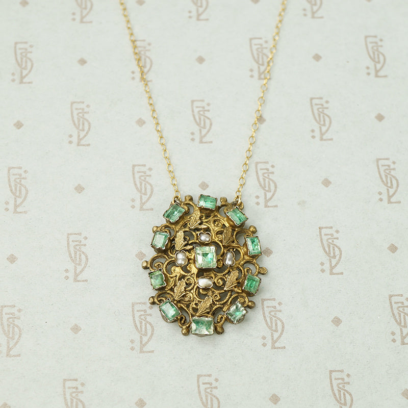 19th c Emerald and Pearl Silver Gilt Necklace