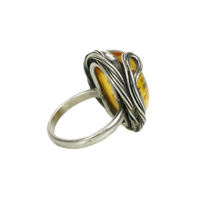 Large Vintage Baltic Amber Ring in Sculpted Silver Setting - Gem Set Love