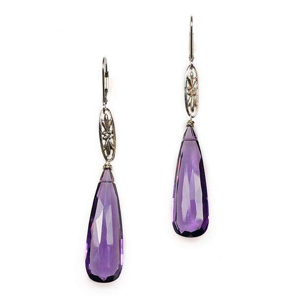 The Marché Pendant Drop Earrings by Brunet in White Gold with Amethyst