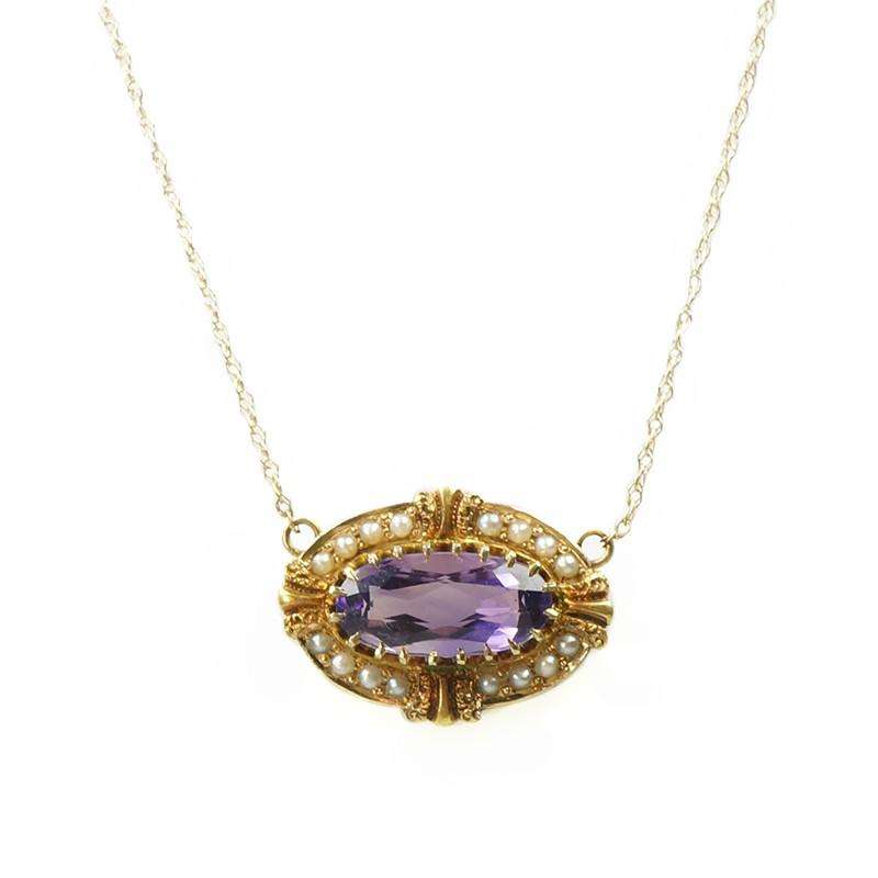 Sweet Victorian Amethyst and Pearl Necklace in 14k Gold