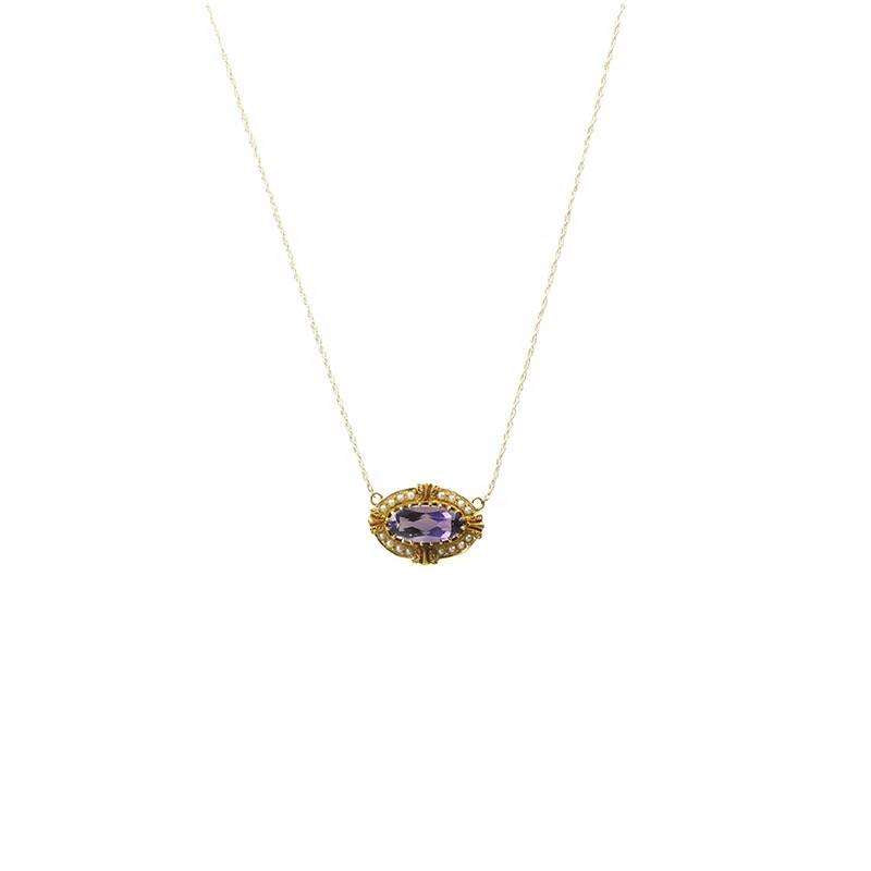 Sweet Victorian Amethyst and Pearl Necklace in 14k Gold