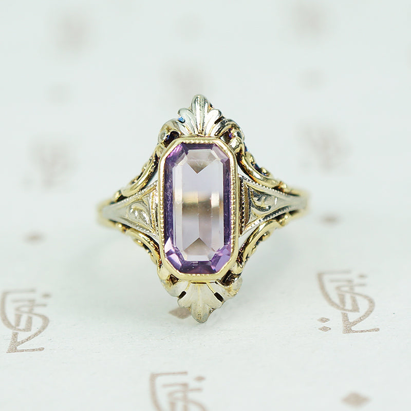 2 tone gold and rectangular amethyst ring circa 1930