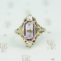 2 tone gold and rectangular amethyst ring circa 1930