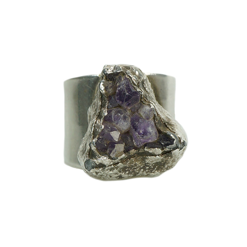 Brutalist Amethyst Sterling Silver Ring by Hull - Gem Set Love