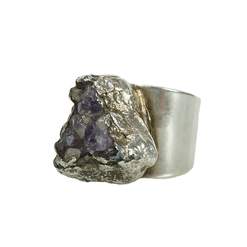 Brutalist Amethyst Sterling Silver Ring by Hull - Gem Set Love