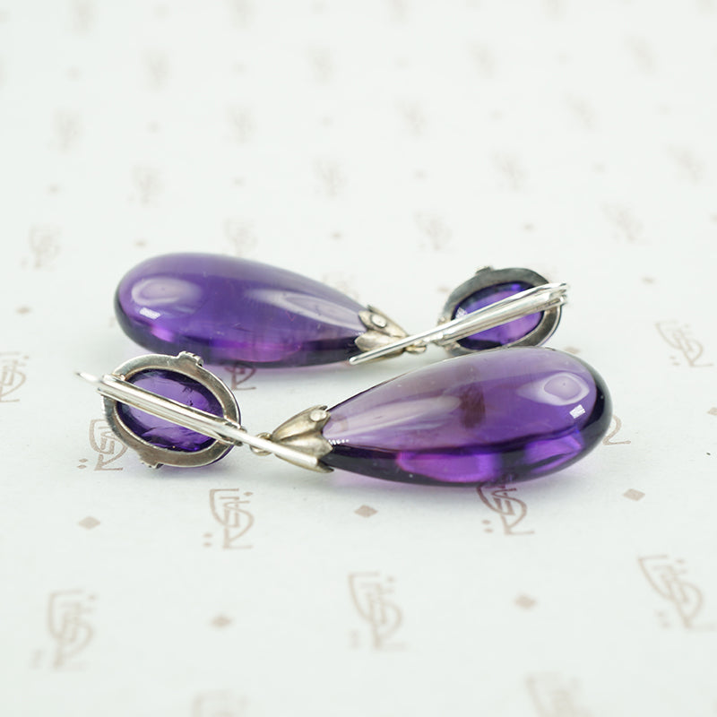 large amethyst drop earrings in silver side view