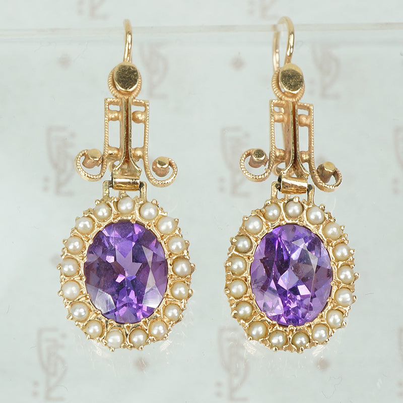 14k yellow gold and amethyst seed pearl drop earrings