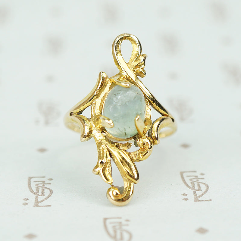 bluish green cabochon tourmaline in 14k yellow gold art nouveau circa 1890-1900 ring
