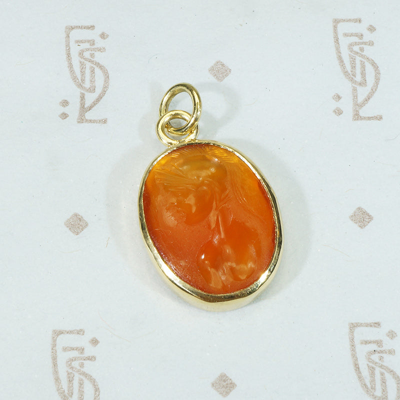 ancient roman carnelian intaglio of a soldier in elaborate helment set in recycled 18k yellow gold fob pendant