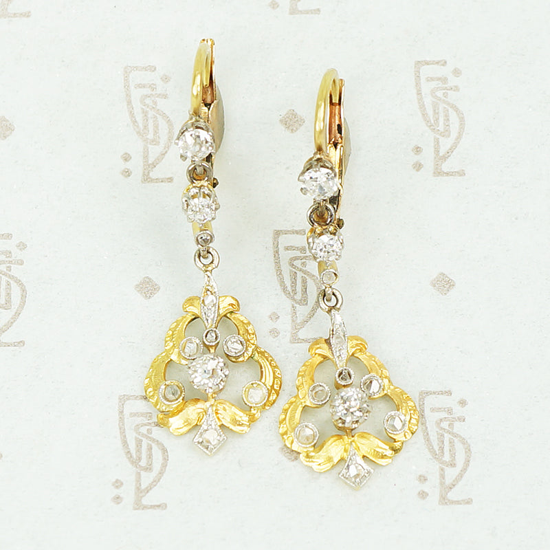 platinum and 18k yellow gold diamond earrings edwardian