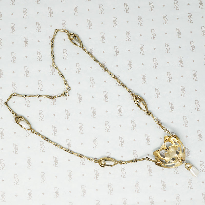 Rare French Art Nouveau Silver Gilt Pearl Necklace