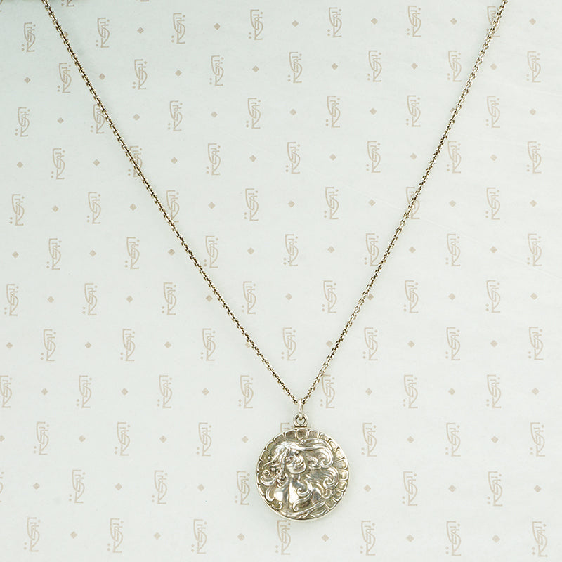 sterling silver art nouveau locket lady with flowing hair