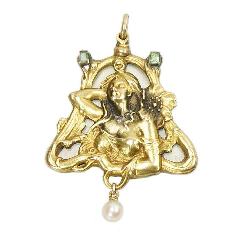 Art Nouveau Locket 18k yellow gold and Emeralds