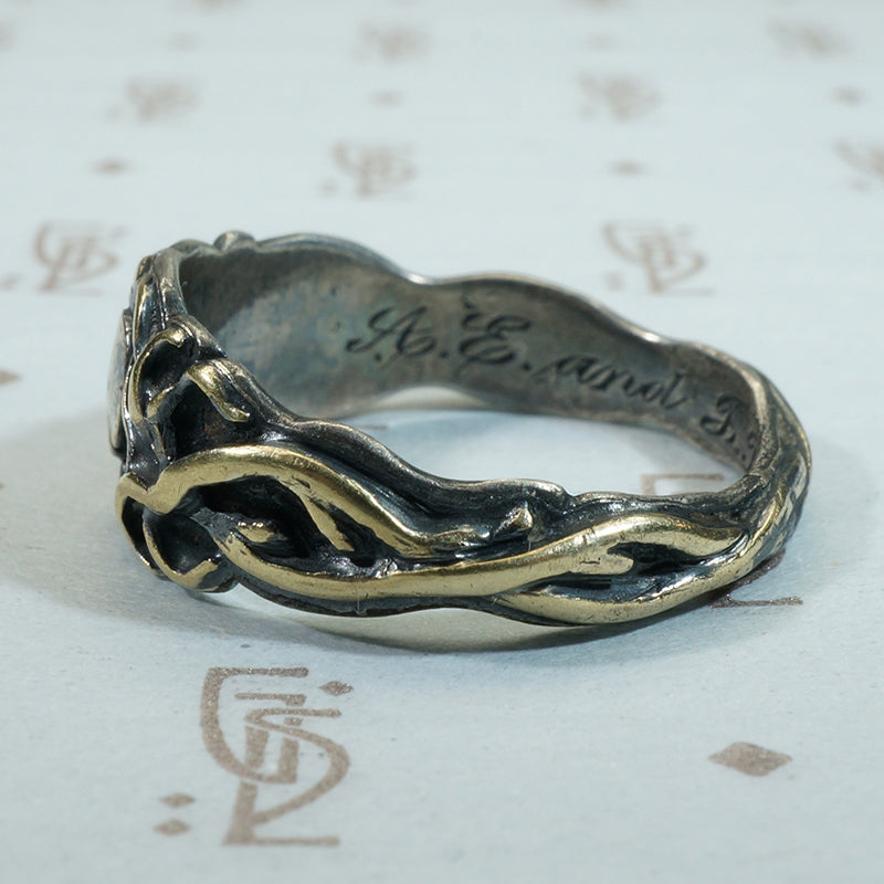 Rare Matched 19thc Wedding Bands Gold Vines on Silver