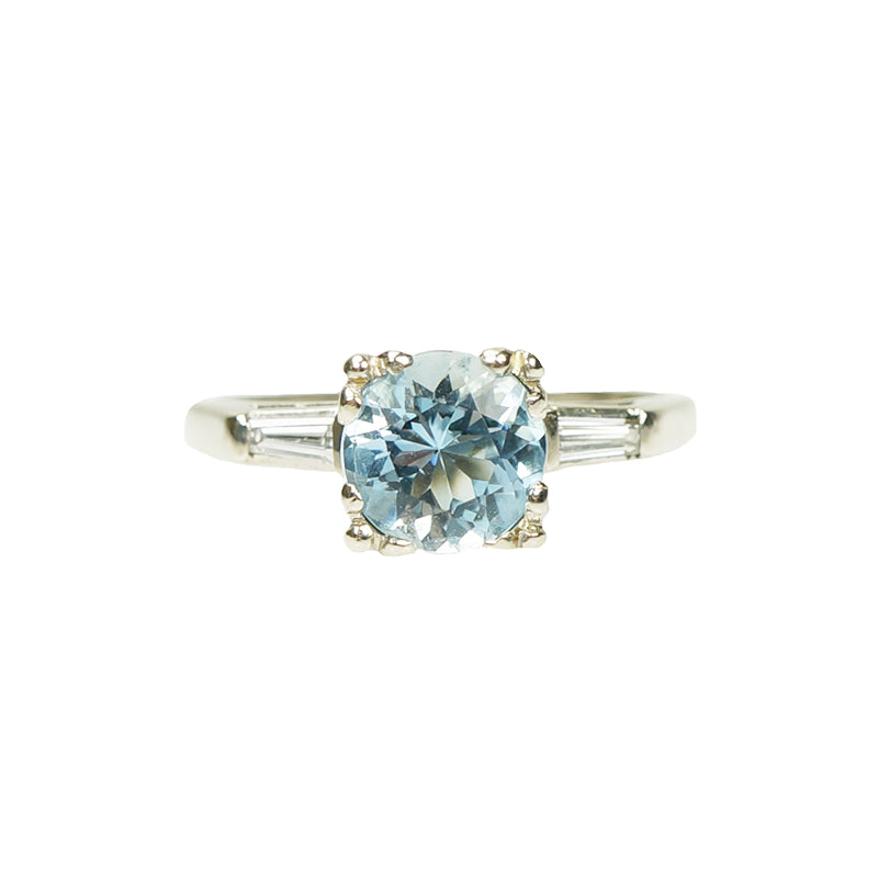 1940's Baguette Diamond and Aqua Engagement Ring