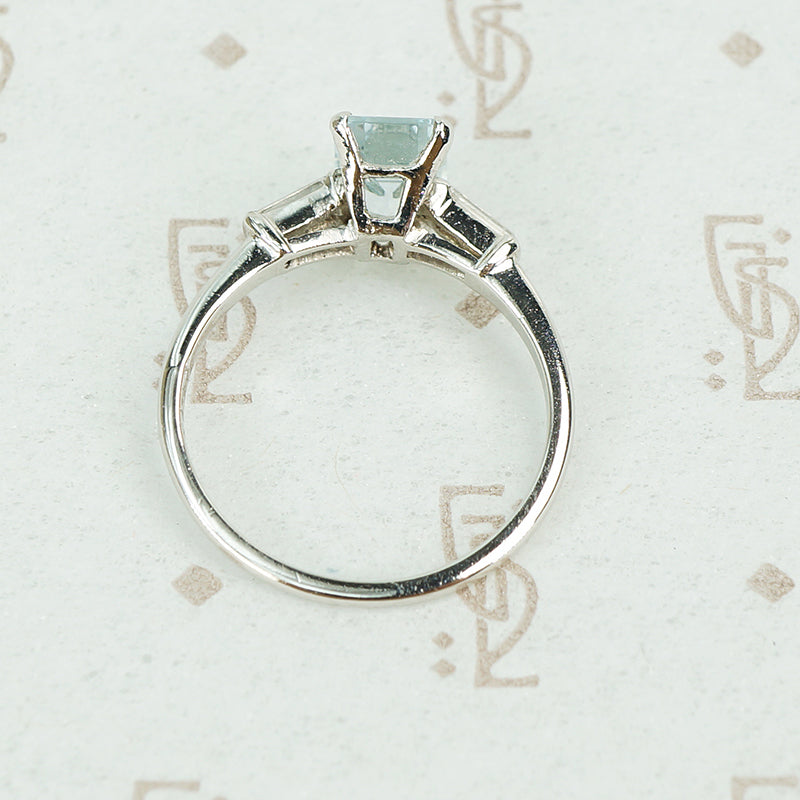emerald cut aquamarine with baguette diamond sides in platinum top view