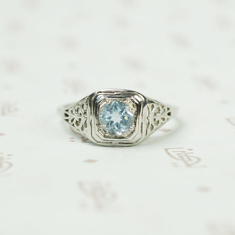 Lacy White Gold Filigree Aquamarine Ring