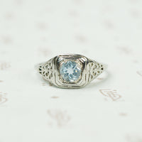 Lacy White Gold Filigree Aquamarine Ring