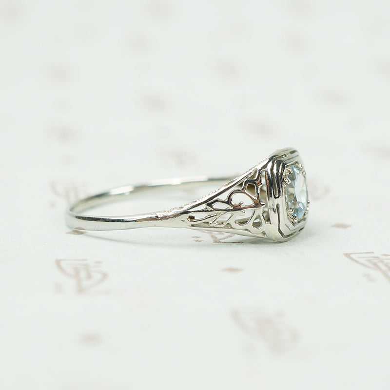 Lacy White Gold Filigree Aquamarine Ring