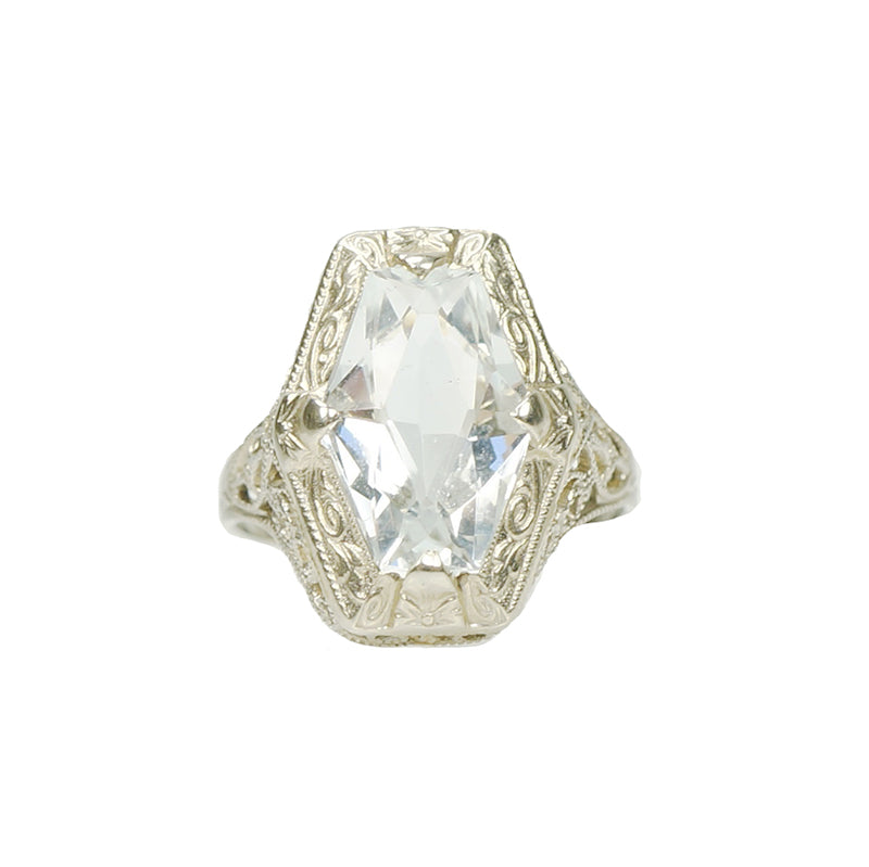 Vintage Aquamarine White Gold Filigree Ring