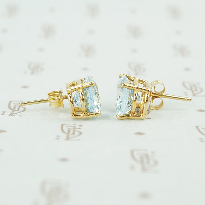 oval aquamarine yellow gold stud earrings 1960's side view