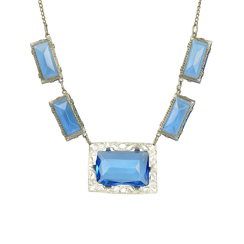 dtail of vintage art deco czech blue glass necklace