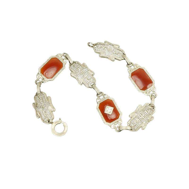 Elaborate Vintage White Gold Filigree Bracelet with Carnelian