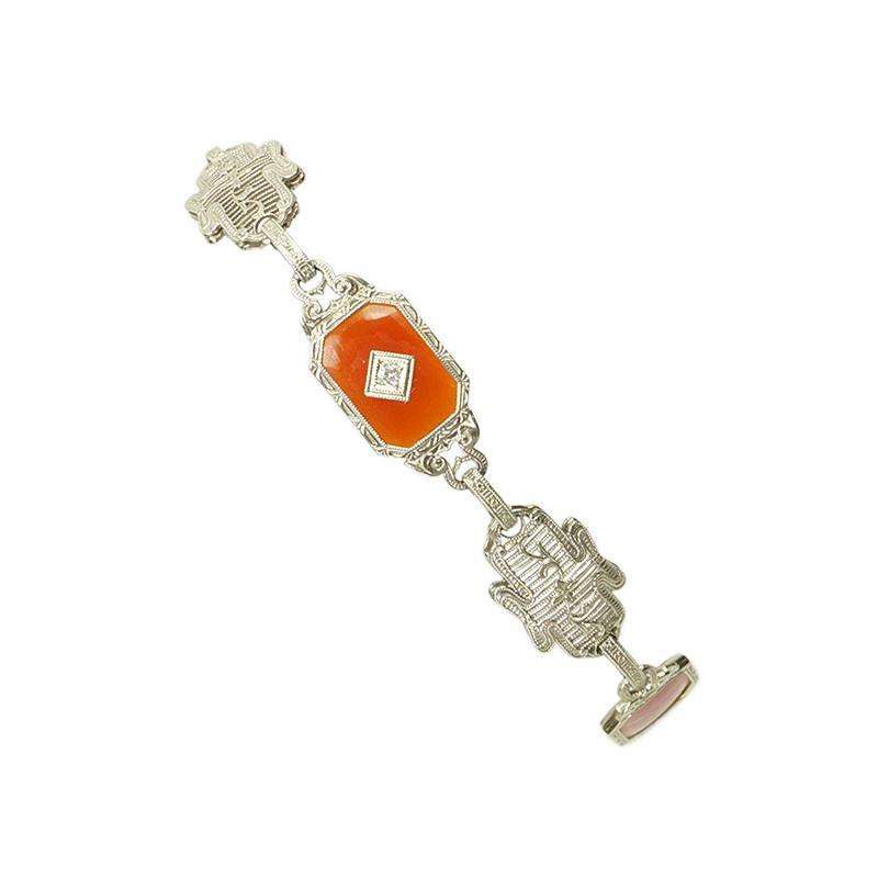 Elaborate Vintage White Gold Filigree Bracelet with Carnelian