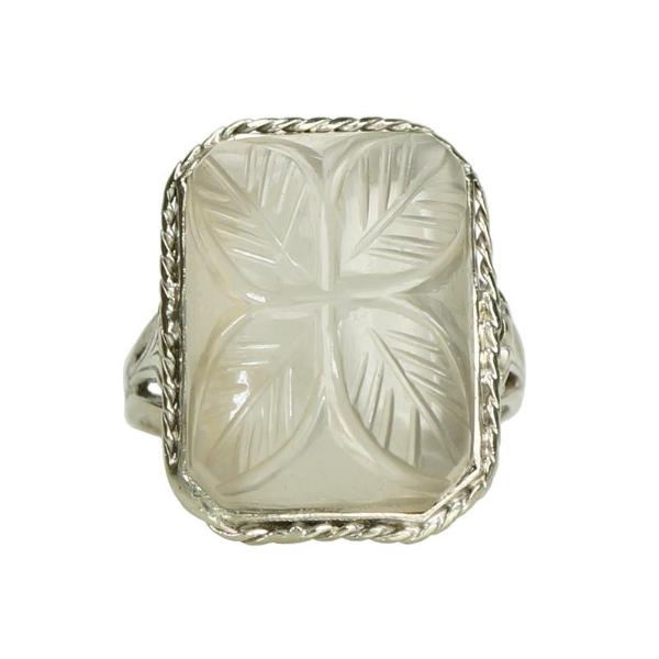 Vintage White Gold Carved Moonstone Ring - Gem Set Love