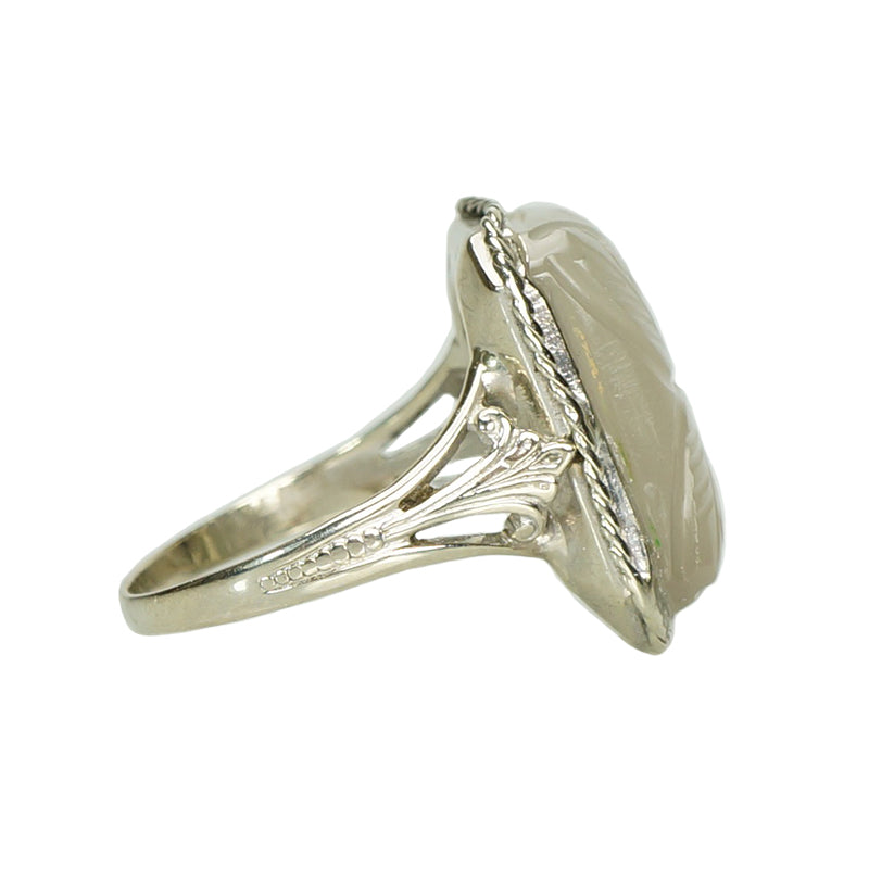Vintage White Gold Carved Moonstone Ring - Gem Set Love